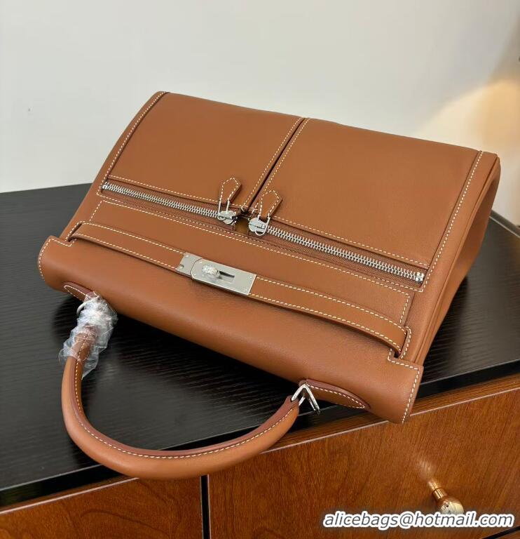 Discount Hermes Kelly Lakis Handbag 32cm Calf Leather/Canvas H5986 Brown/Silver
