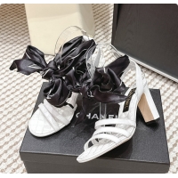 Perfect Chanel Sandals Sheepskin & Silk White & Black 6080204