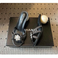Big Discount Chanel Rhinestone Flower Pearl Sandals Black 7cm 6080301