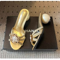 Stylish Chanel Rhinestone Flower Pearl Sandals Gold 7cm 6080301