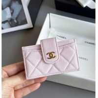 New Cheap Chanel Classic Flap Card Holder in Grained Calfskin & Gold-Tone Metal AS8463 Light Pink