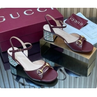 Charming Gucci Lambskin Leather Heel Sandals 5.5cm with Horsebit and Strass Burgundy 2026 812292