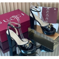 Good Quality Gucci Lambskin Leather Platform Sandals 11.5cm with Horsebit and Strass Black 2026 795224