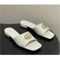 Top Design Gucci Lambskin Leather Flat Slides Sandal White 2026 GG030503