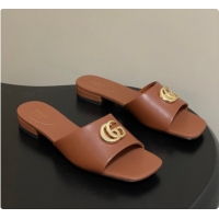Grade Quality Gucci Lambskin Leather Flat Slides Sandal Brown 2026 GG030503