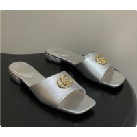 Unique Style Gucci Calfskin Leather Flat Slides Sandal Silver 2026 GG030503