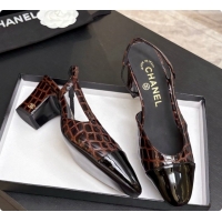 Best Grade Chanel Crocodile Pattern Calfskin & Patent Leather Slingbacks Pump 6.5cm Heel CH072729 Dark Brown 2026