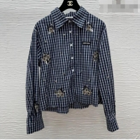 Top Design Miu Miu Plaid Shirt with Sequins and Beads 0323 Dark Blue 2026