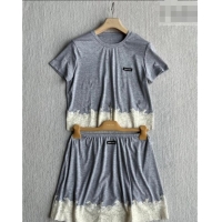 Good Product Miu Miu Silk and Lace T-Shirt and Mini Skirt Set 042120 Grey/White 2026