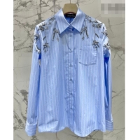 Top Quality Miu Miu Striped Cotton Shirt with Strass Charm 0421 Blue 2026