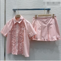 Famous Brand Miu Miu Ruffled Cotton Shirt and Mini Skirt Set MM042302 Pink 2026