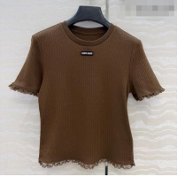 Super Quality Miu Miu Cotton Knit Top with Lace Trim MM042323 Brown 2026