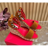 Stylish Valentino Rockstud Double Wedge Sandal in Suede Brown 6081433