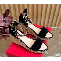 Hot Style Valentino Rockstud Double Wedge Sandal in Suede Black 6081434