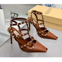 Good Quality Valentino Rockstud Kidskin Pumps 100MM V081454 Brown 2026