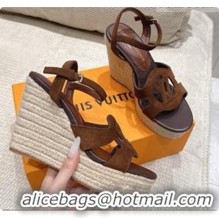 Pretty Style Louis Vuitton LV Isola Wedge Espadrille Sandals in Dark Brown Suede 6072893 2026