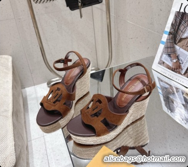 Pretty Style Louis Vuitton LV Isola Wedge Espadrille Sandals in Dark Brown Suede 6072893 2026