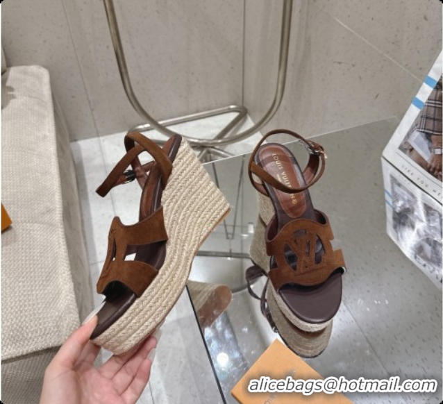 Pretty Style Louis Vuitton LV Isola Wedge Espadrille Sandals in Dark Brown Suede 6072893 2026