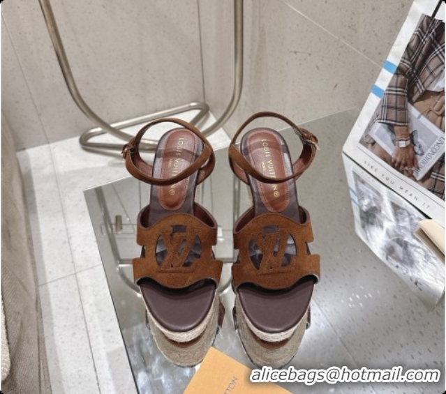 Pretty Style Louis Vuitton LV Isola Wedge Espadrille Sandals in Dark Brown Suede 6072893 2026