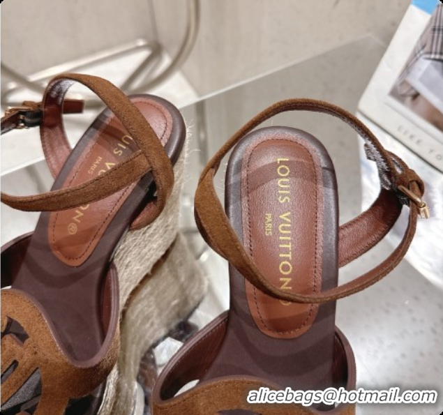 Pretty Style Louis Vuitton LV Isola Wedge Espadrille Sandals in Dark Brown Suede 6072893 2026