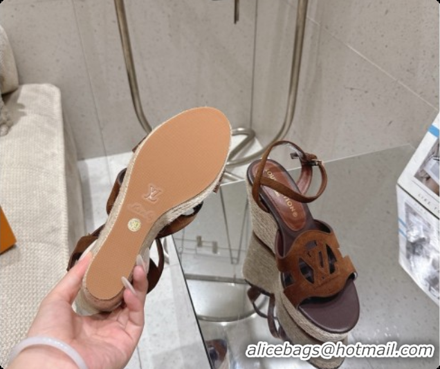 Pretty Style Louis Vuitton LV Isola Wedge Espadrille Sandals in Dark Brown Suede 6072893 2026
