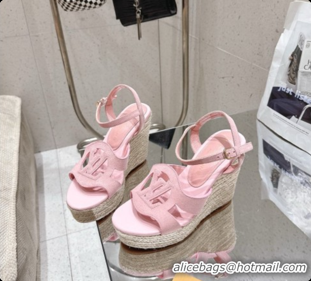Duplicate Louis Vuitton LV Isola Wedge Espadrille Sandals in Pink Suede 6072890 2026