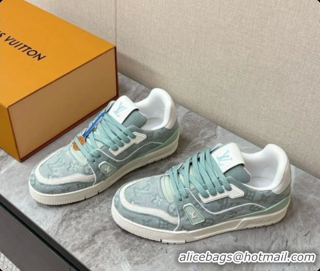 Buy Luxury Louis Vuitton LV Trainer Sneaker in Calf leather & Monogram Denim Light Green 0728115 2026