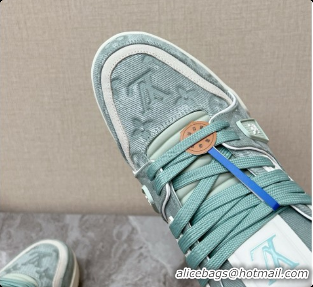Buy Luxury Louis Vuitton LV Trainer Sneaker in Calf leather & Monogram Denim Light Green 0728115 2026