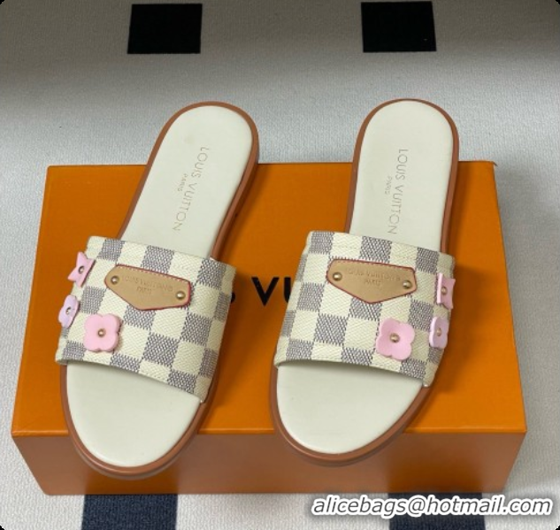 Stylish Louis Vuitton 1AK33F Lily Flat Mule in Azure Damier Canvas White 6072901 2026