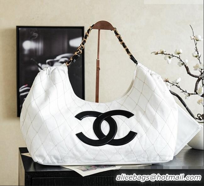 Original Cheap Chanel Coco Beach Small Shopping Bag Denim With Calfskin AS6191 White/Black/Gold 2026