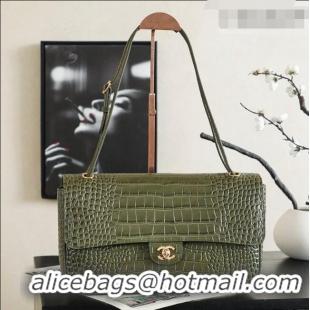 Buy Discount Chanel Maxi Flap Bag in Crocodile Pattern Calfskin AS6231 Green/Gold 2026