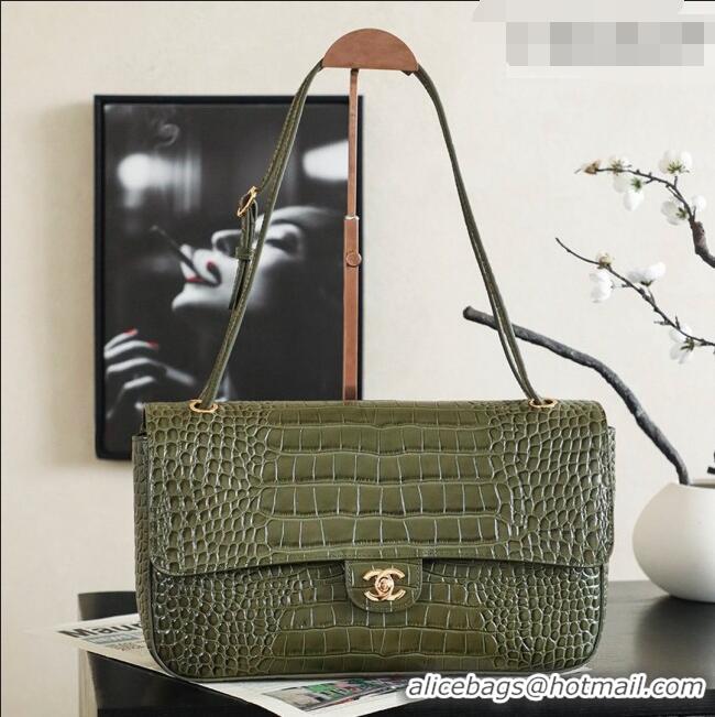 Buy Discount Chanel Maxi Flap Bag in Crocodile Pattern Calfskin AS6231 Green/Gold 2026