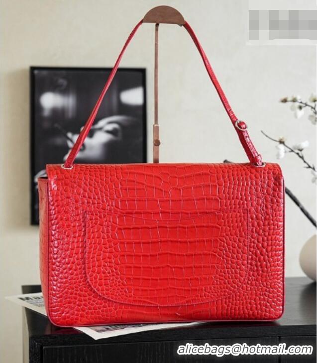 Grade Quality Chanel Maxi Flap Bag in Crocodile Pattern Calfskin AS6233 Red/Silver 2026