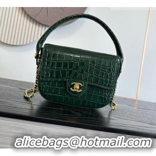 New Release Creation Chanel Crocodile Embossed Calfskin Mini Flap Bag With Top Handle AS6424 Green 2026