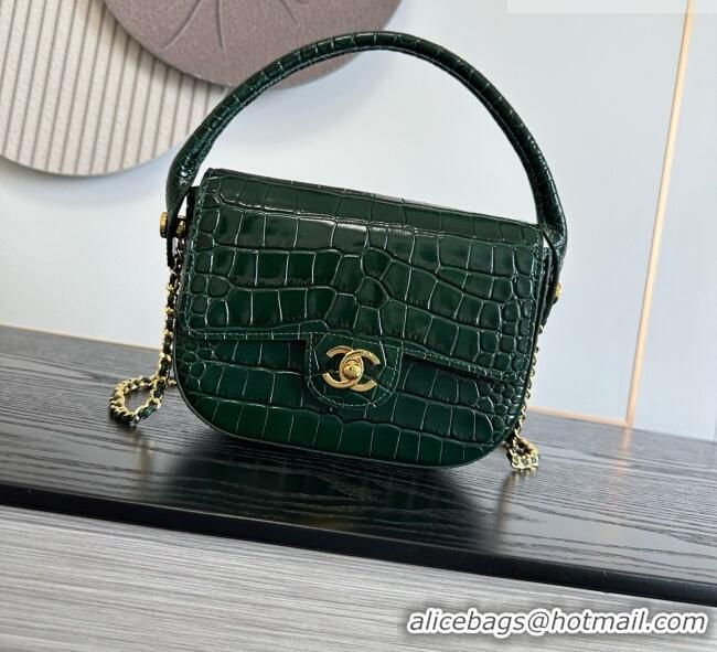 New Release Creation Chanel Crocodile Embossed Calfskin Mini Flap Bag With Top Handle AS6424 Green 2026