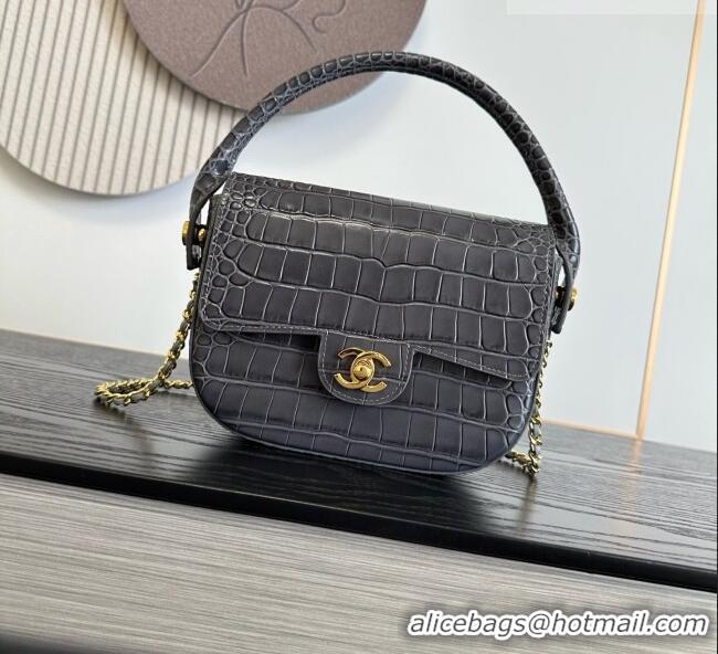 Big Discount Chanel Crocodile Embossed Calfskin Mini Flap Bag With Top Handle AS6424 Grey 2026