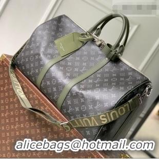 Top Quality Louis Vuitton Keepall Bandoulière 50 Bag in Monogram Eclipse Canvas M28844 Black/Khaki Green 2026