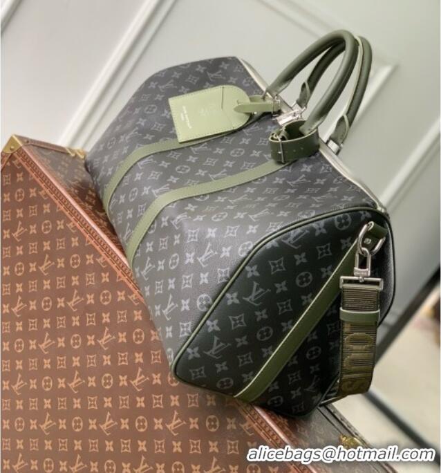Top Quality Louis Vuitton Keepall Bandoulière 50 Bag in Monogram Eclipse Canvas M28844 Black/Khaki Green 2026