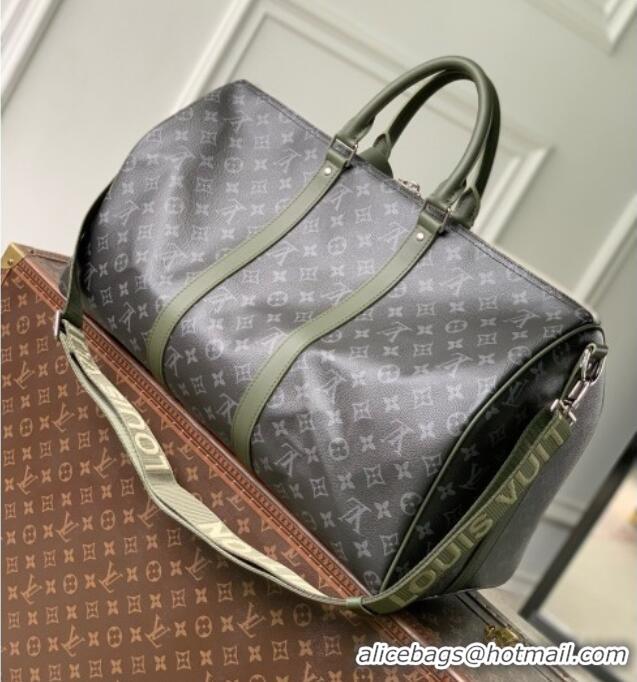 Top Quality Louis Vuitton Keepall Bandoulière 50 Bag in Monogram Eclipse Canvas M28844 Black/Khaki Green 2026