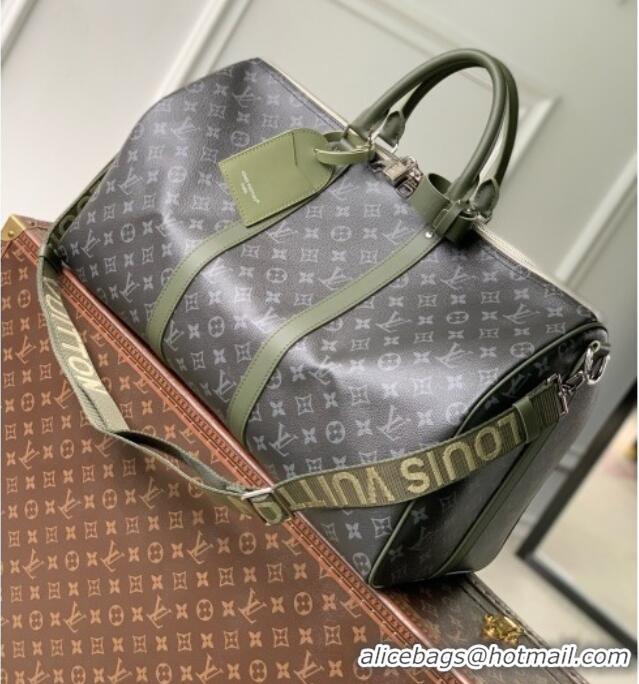 Top Quality Louis Vuitton Keepall Bandoulière 50 Bag in Monogram Eclipse Canvas M28844 Black/Khaki Green 2026