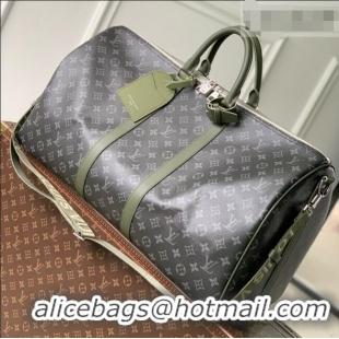Top Quality Louis Vuitton Keepall Bandoulière 55 Bag in Monogram Eclipse Canvas M28844 Black/Khaki Green 2026