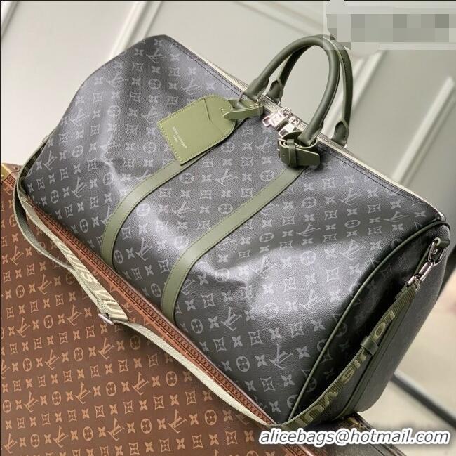 Top Quality Louis Vuitton Keepall Bandoulière 55 Bag in Monogram Eclipse Canvas M28844 Black/Khaki Green 2026