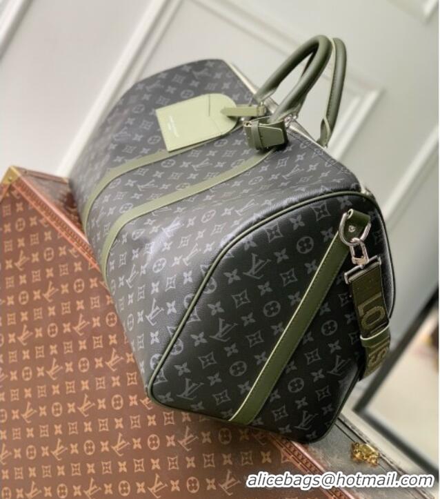Top Quality Louis Vuitton Keepall Bandoulière 55 Bag in Monogram Eclipse Canvas M28844 Black/Khaki Green 2026