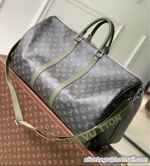 Top Quality Louis Vuitton Keepall Bandoulière 55 Bag in Monogram Eclipse Canvas M28844 Black/Khaki Green 2026