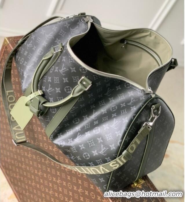 Top Quality Louis Vuitton Keepall Bandoulière 55 Bag in Monogram Eclipse Canvas M28844 Black/Khaki Green 2026