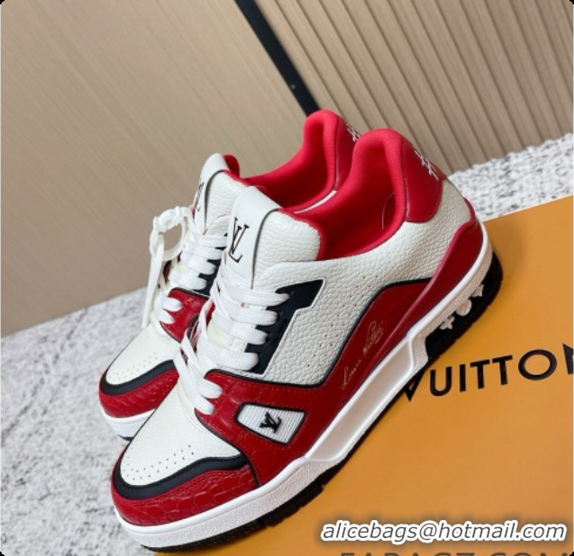 Buy Luxury Louis Vuitton Louis Vuitton LV Trainer Sneakers in Leather LV073120 White/Red 2026