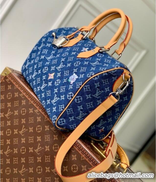 Top Grade Louis Vuitton Speedy 30 Bandoulière Bag in Blue Monogram Flowers Denim M27556 2026