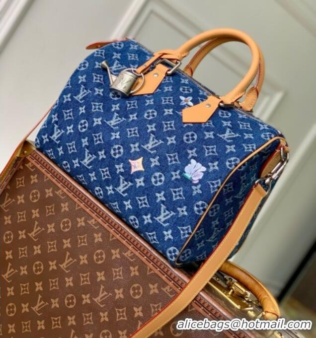 Top Grade Louis Vuitton Speedy 30 Bandoulière Bag in Blue Monogram Flowers Denim M27556 2026