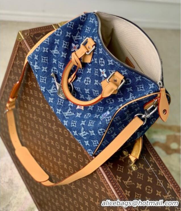 Top Grade Louis Vuitton Speedy 30 Bandoulière Bag in Blue Monogram Flowers Denim M27556 2026