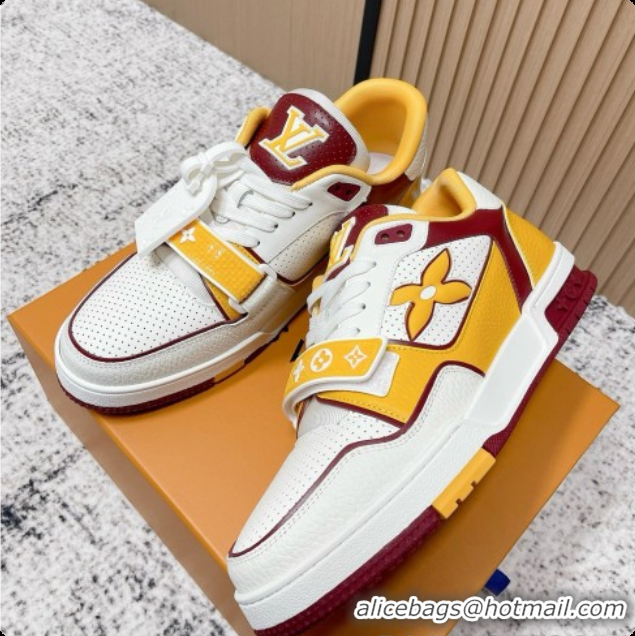 Stylish Louis Vuitton Louis Vuitton LV Trainer Sneakers in Leather LV073127 White/Yellow/Burgundy 2026